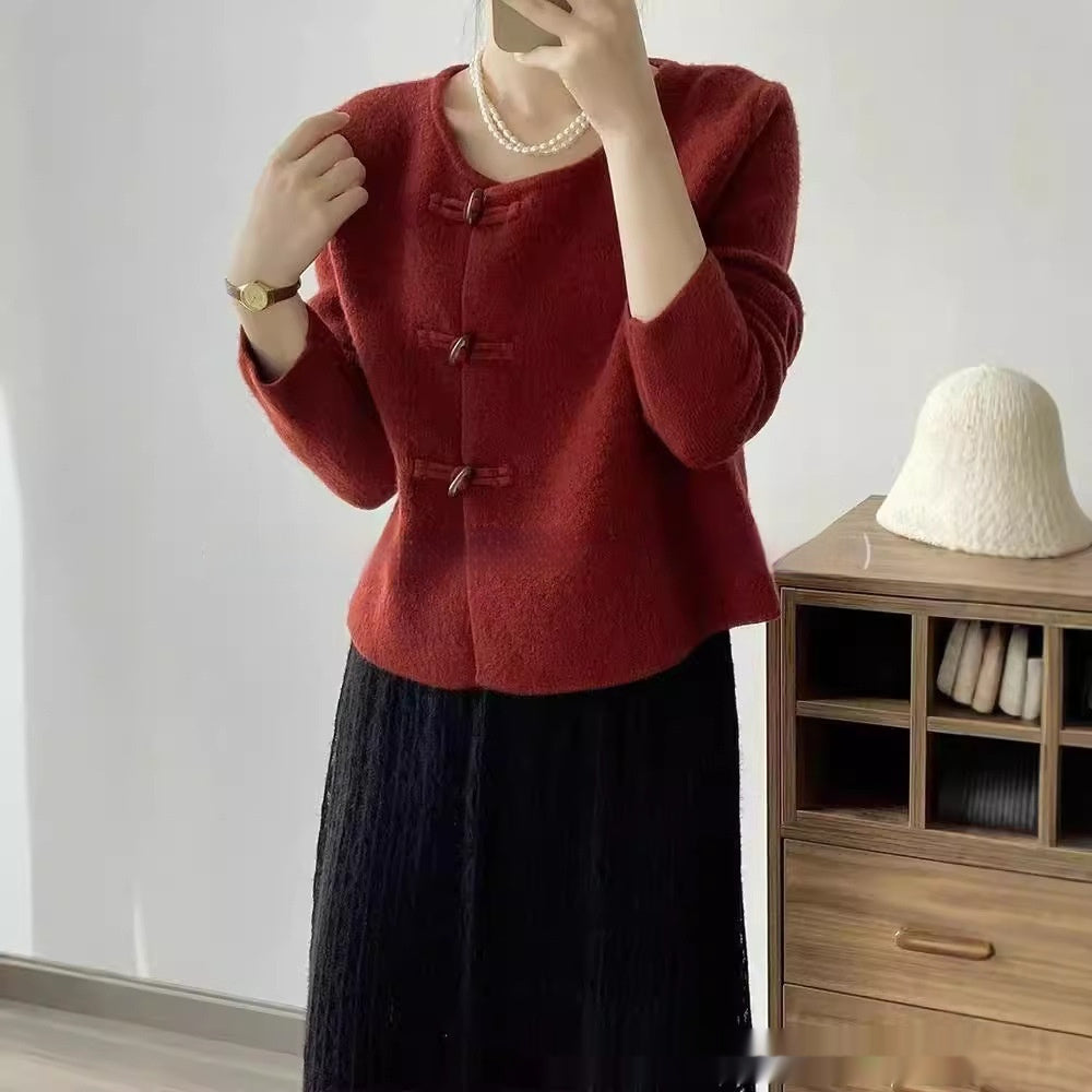 Round Neck Gentle Temperament Horn Button Sweater Coat