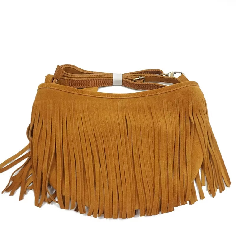 Women's Genuine Leather Suede Fringed Shoulder Bag - Fashionable Boho Chic Pouch for Street Style and Casual Outings
