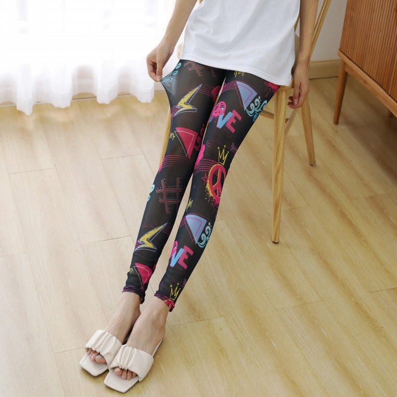 New Sexy Women's Pants Summer Mesh Leggings Elastic Ultra-thin Transparent Skinny Pants Striped Flowers