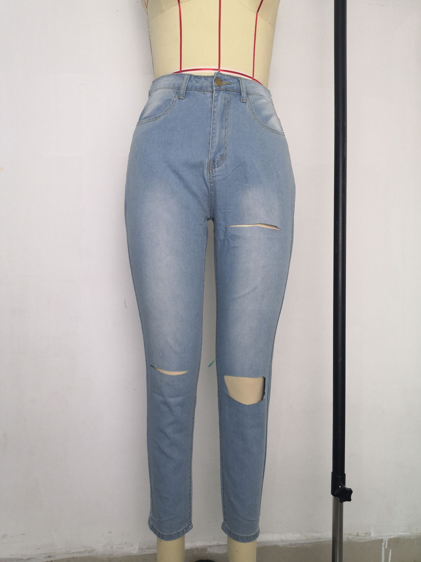 Damehøjtaljede denim-blyantsbukser med høj elasticitet