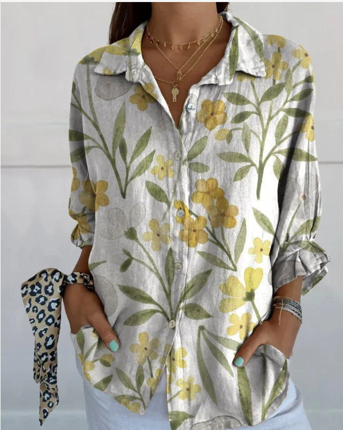 Womens Floral And Green Leaf-print Long-sleeve Blouse