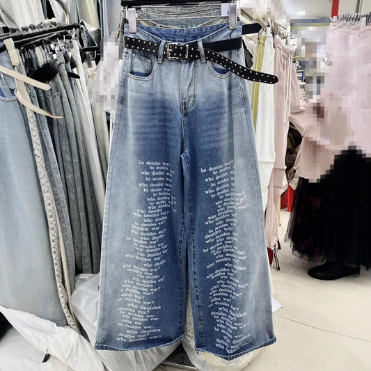 Shadow Washed Slim Fit Letter Wide Leg Jeans