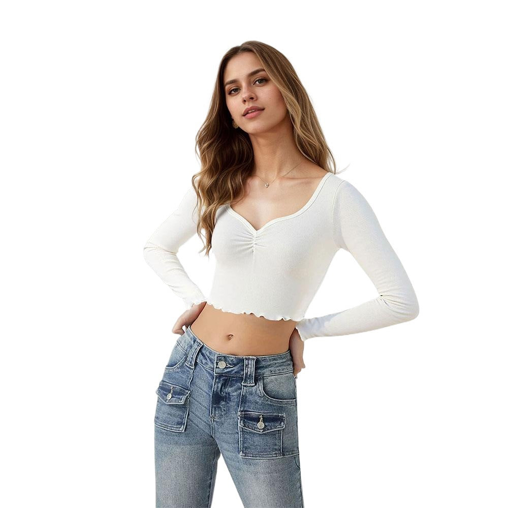 Cropped Long-sleeve Fitted T-shirt Square Neck Sexy Women's Top