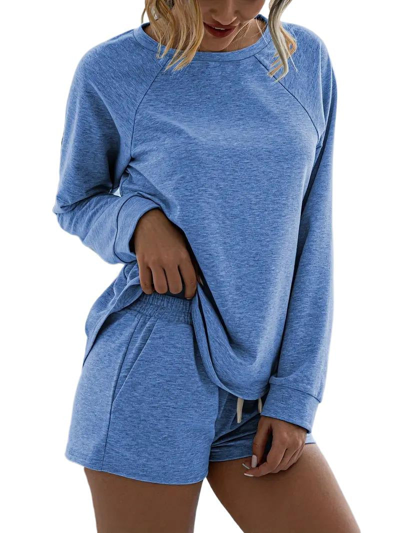 Elegant Round Neck Long Sleeve Shorts Home Sports Suit