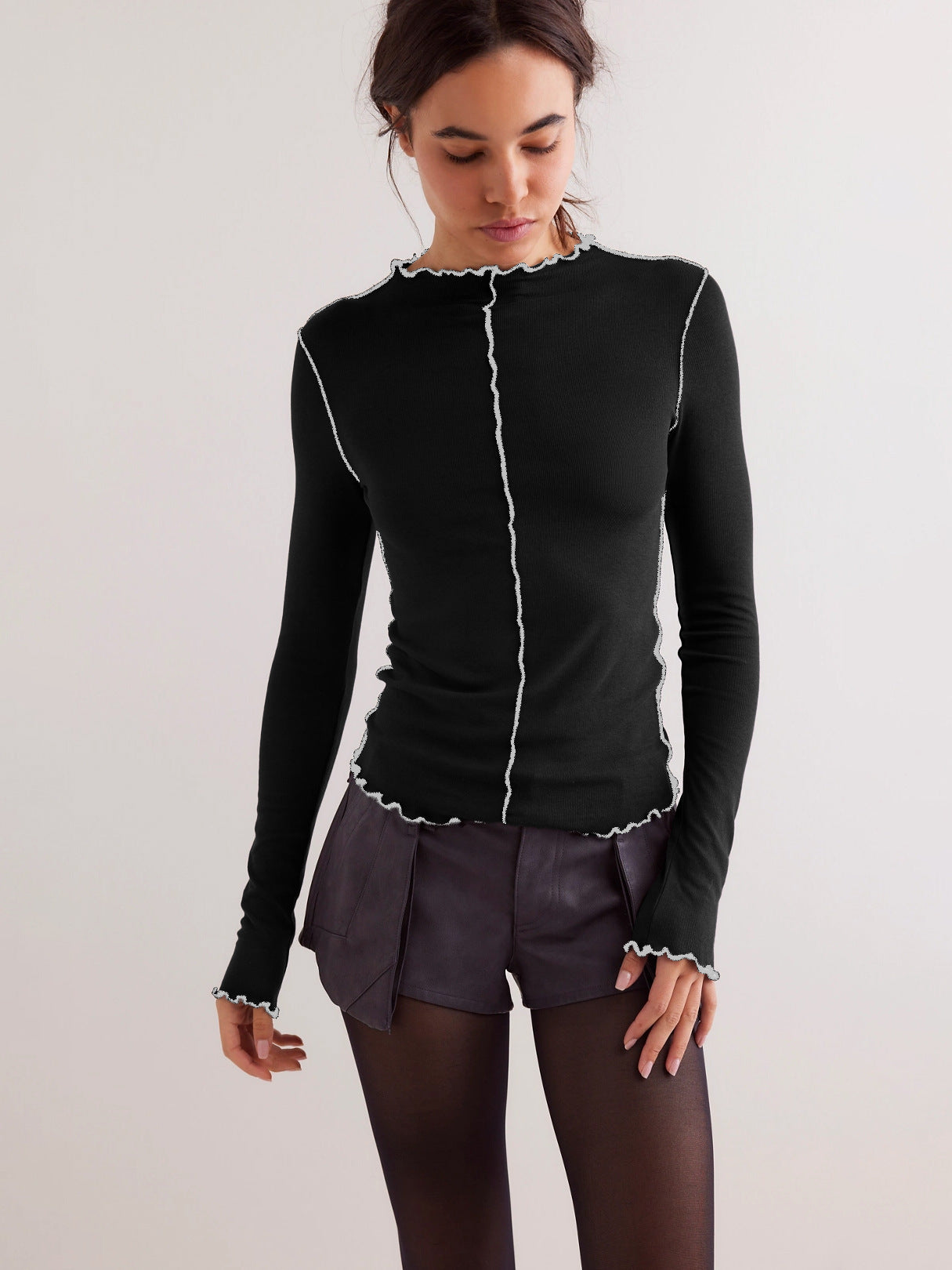 Color-Block Curling Fake Collar Long-Sleeve Versatile Womens Shirt