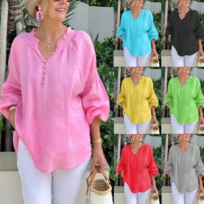 Womens Casual V-Neck Solid Color Cotton-Linen Long-Sleeve Top
