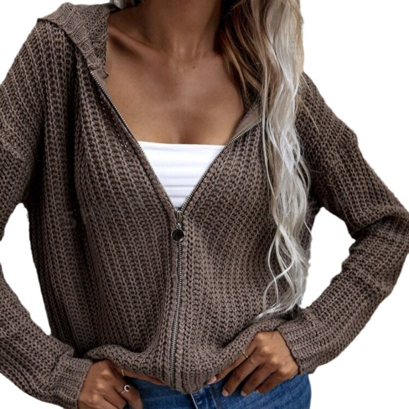 Autumn And Winter Hooded Cardigan Knitted Waffle Sweater Top