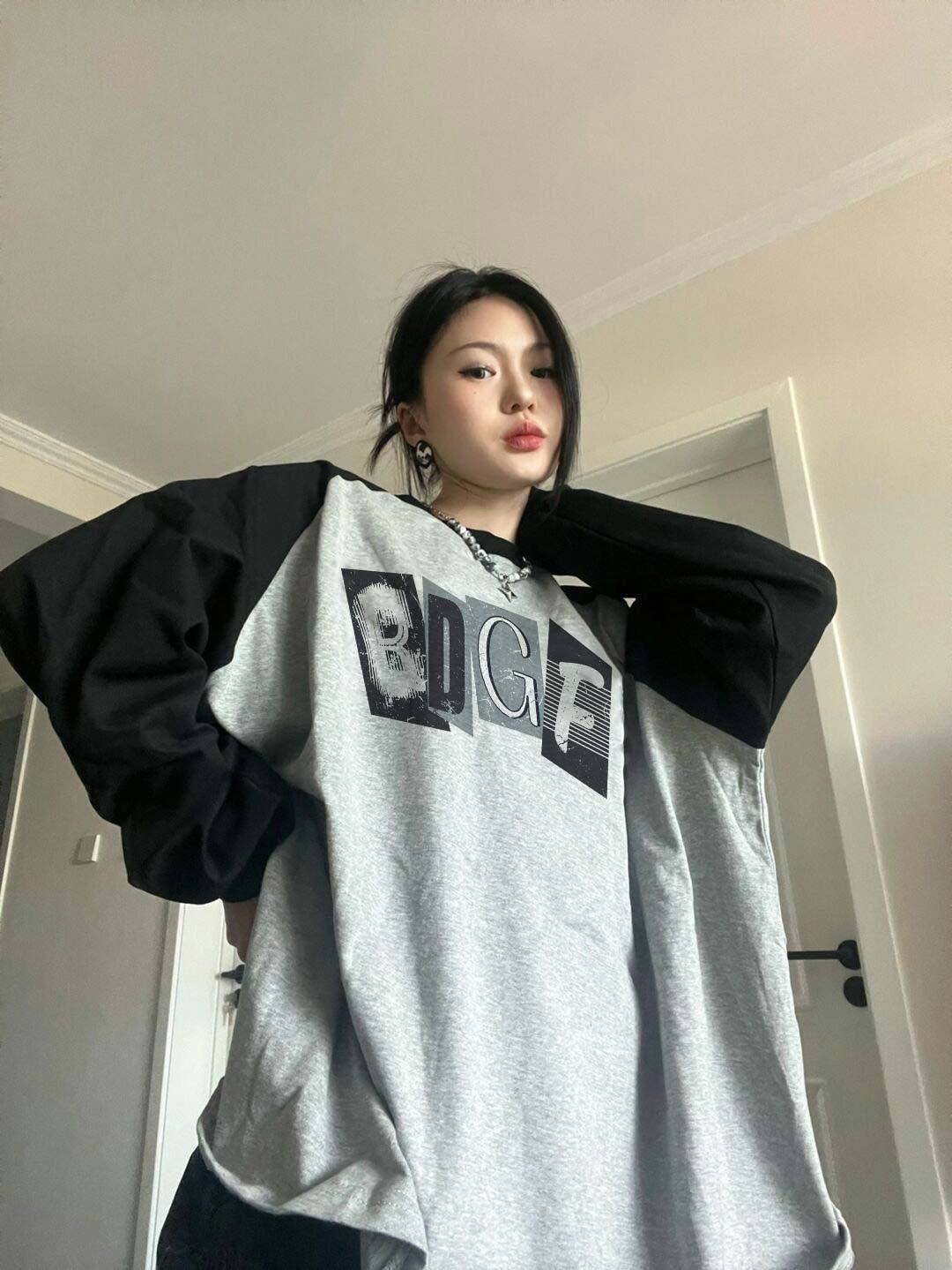 Female Black And Gray American-style Long-sleeved T-shirt Oversize Top