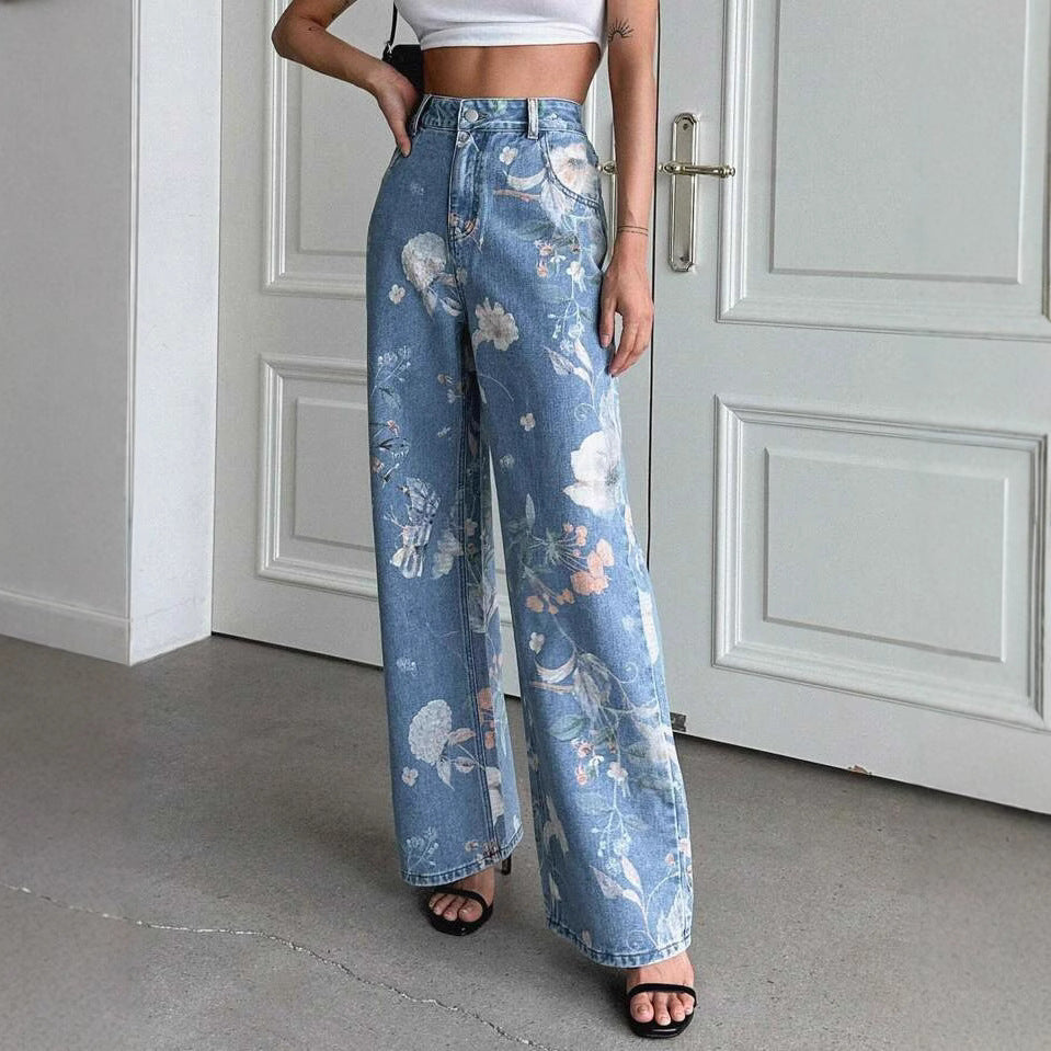 Women's American-style Vintage Blue Floral Print Jeans