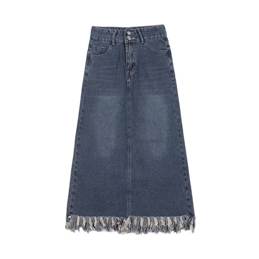 Plus Size Tassel Half-length Denim Women's Hong Kong Style Autumn High Waist Slimming A- Line Long Overknee Skirt