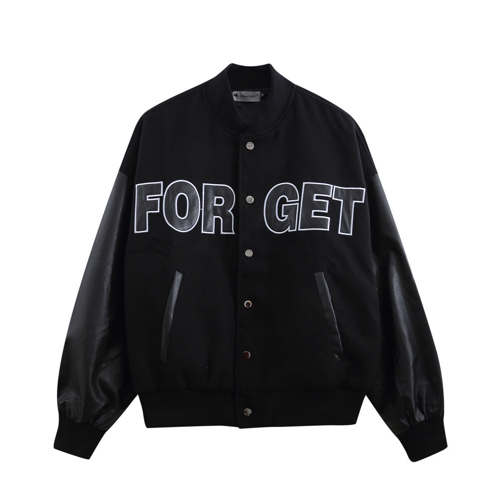 Stitching PU Leather Sleeve Baseball Uniform Men's Ins Fashion Brand Letter Embroidered Jacket