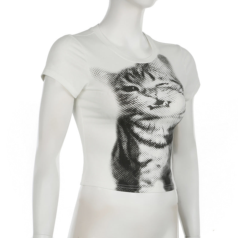 Women's Street Style Cat Printing Short-sleeved T-shirt