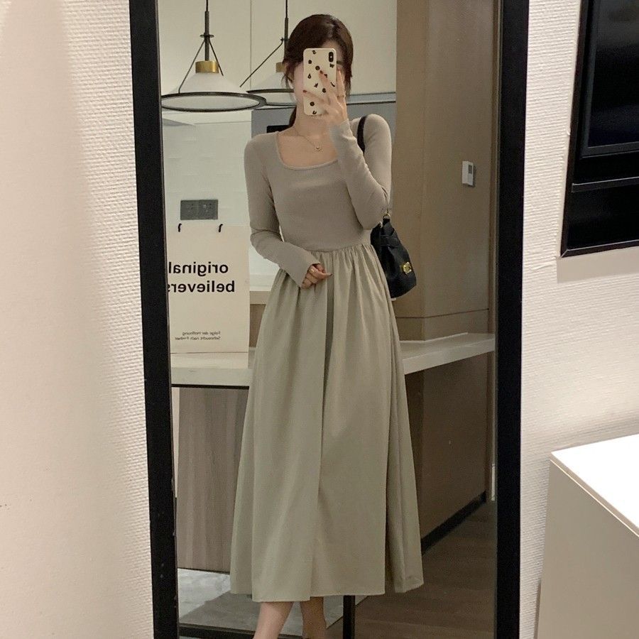 Womens Soft Square-Neck Long-Sleeve Base Dress