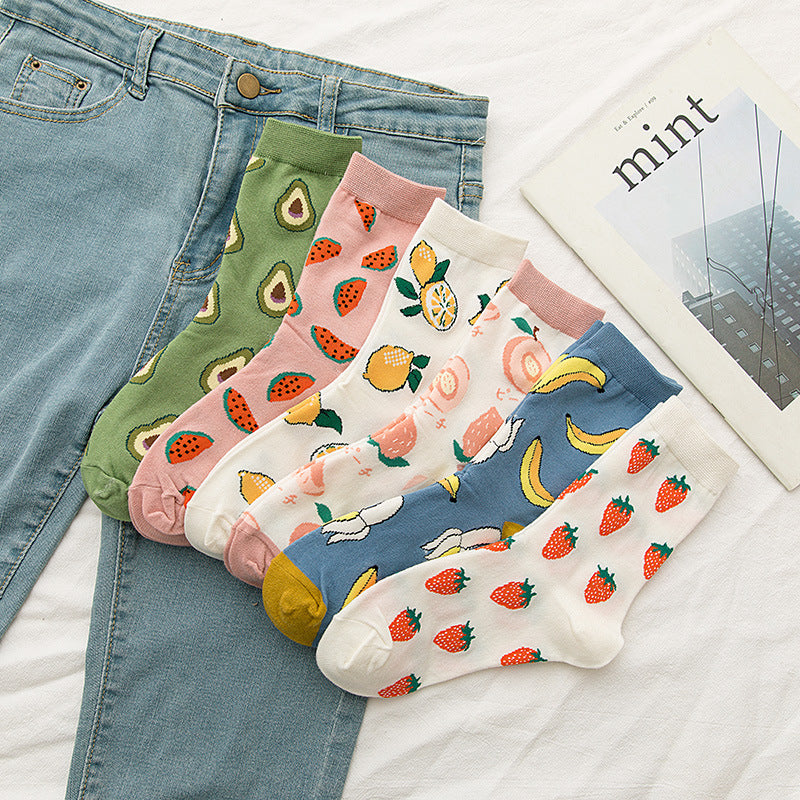 Japanese Ins Trendy Sweet Cute Fruit Mid-calf Socks Strawberry Peach Avocado College Style Socks