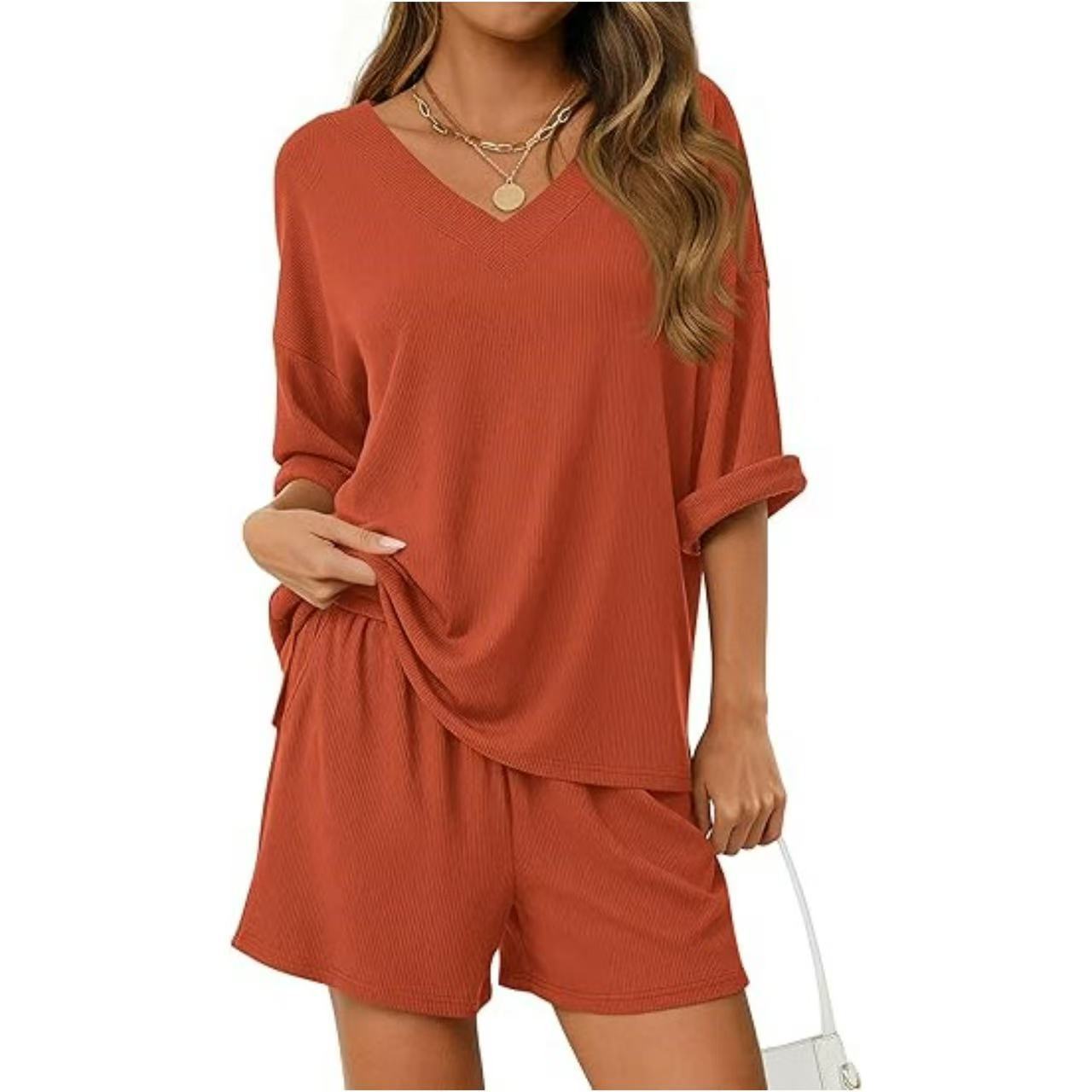 Womens Casual Commuter Two-Piece Set Short-Sleeve T-Shirt And Cropped Shorts