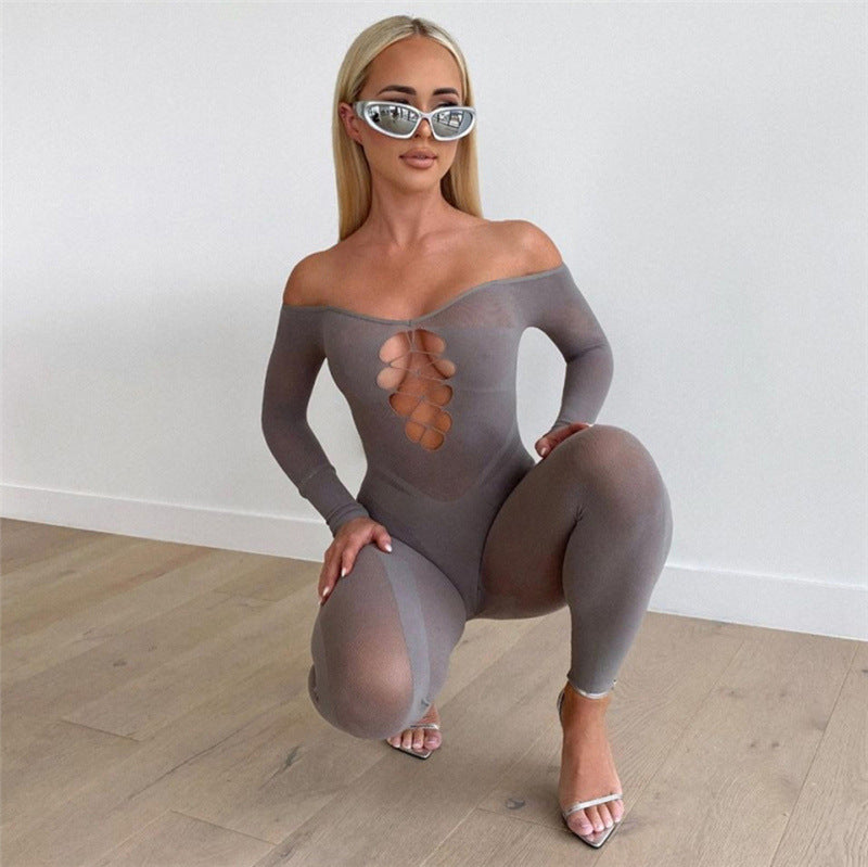 Women's Mesh See-through One-neck Hollow Jumpsuit