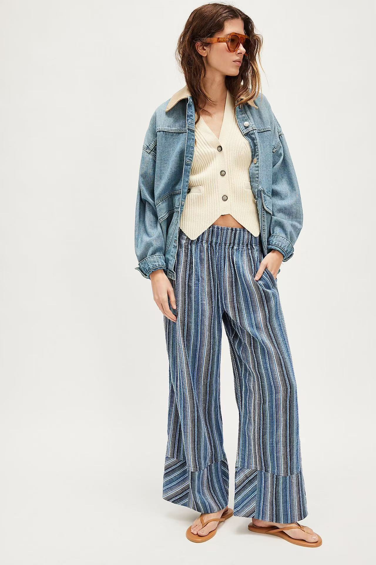 Womens Loose Casual High-waisted Striped Wide-leg Pants