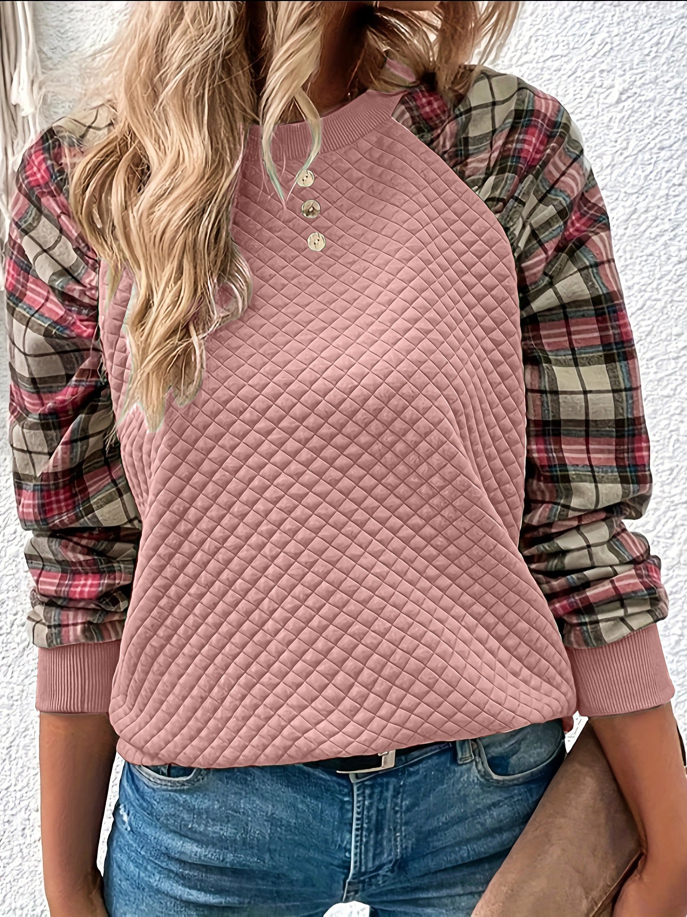 Diamond Plaid Stitching Long Sleeve Crew Neck Sweater