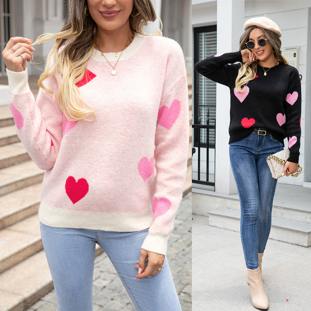 Autumn And Winter New Peach Heart Sweater Round Neck Knitted Pullover