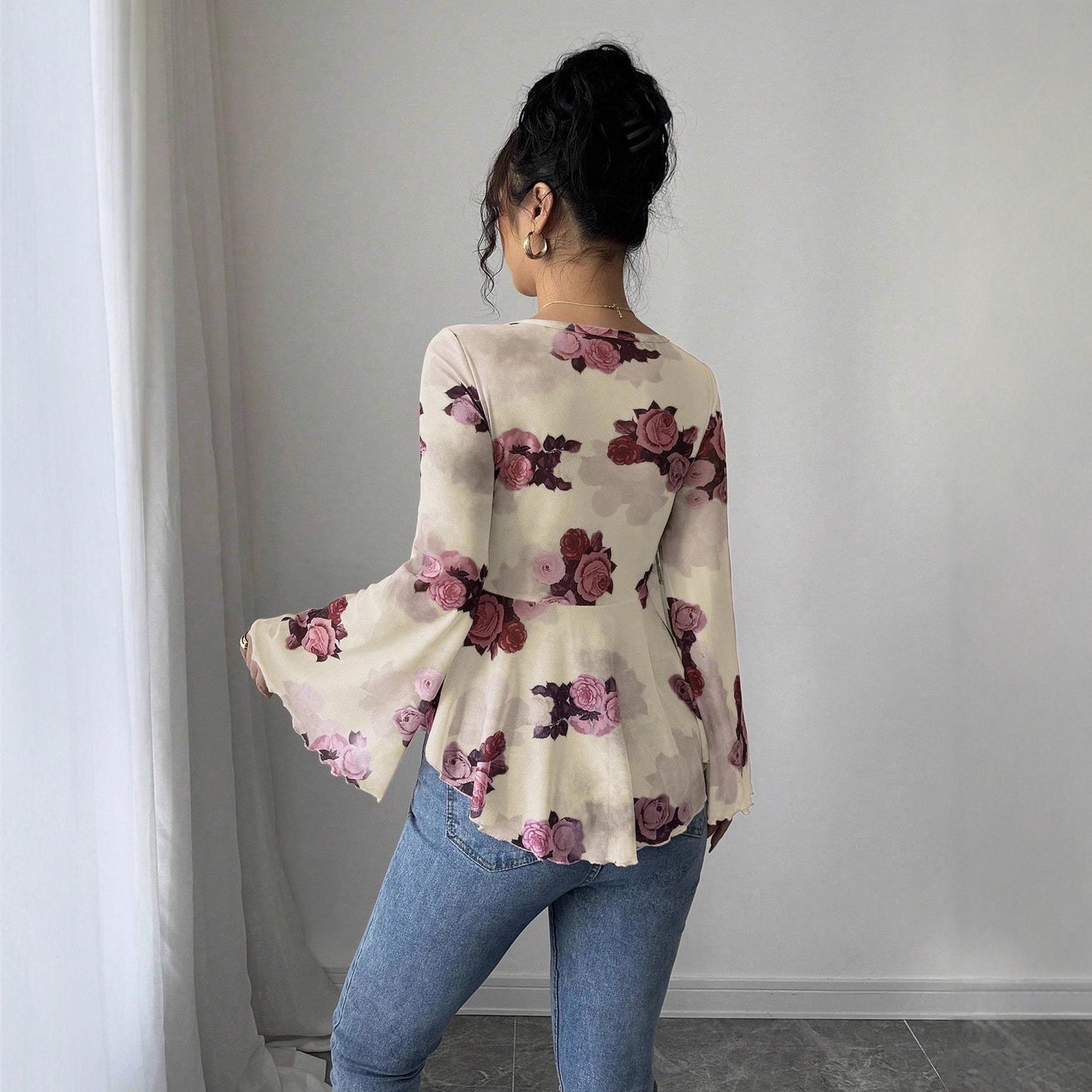 Women's French-style Printed Mesh Elegant Casual Shirt