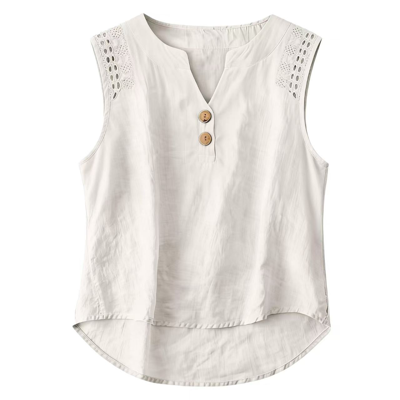 Solid-color V-neck Hollow-out Button Cotton-linen Short-sleeve Top Shirt