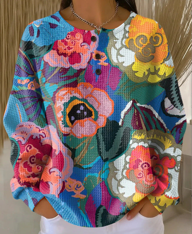 Retro 3D Digital-Print Three-Button Stand-Up Collar Sweater