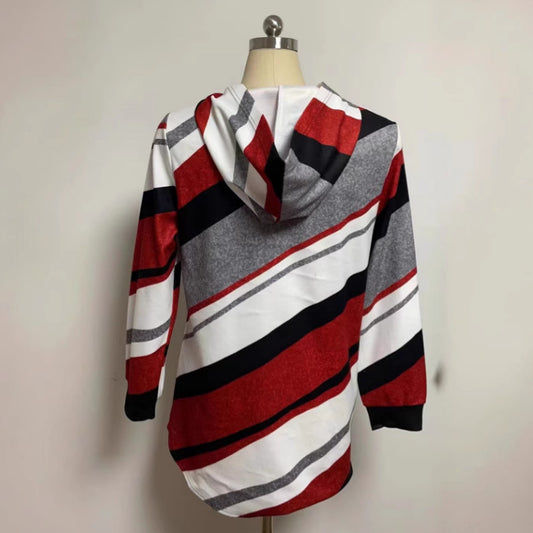 European And American Loose Striped Hooded Zip Long Sleeve Coat
