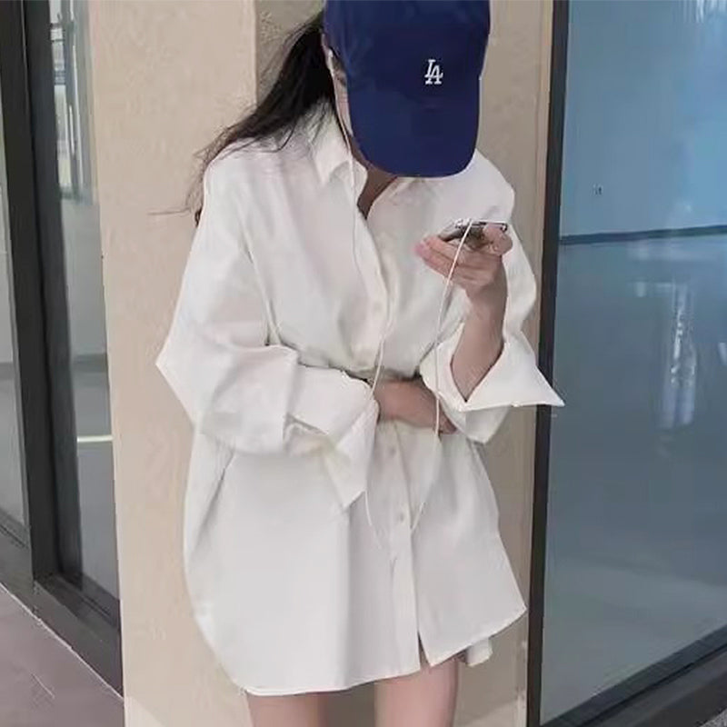 Polo Collar Single Row Button Loose Long Sleeve Long Shirt