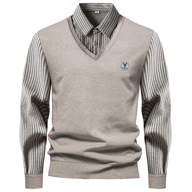Autumn And Winter New Men's Long-sleeved Fake Two-piece Fashion Fleece-lined Striped Shirt