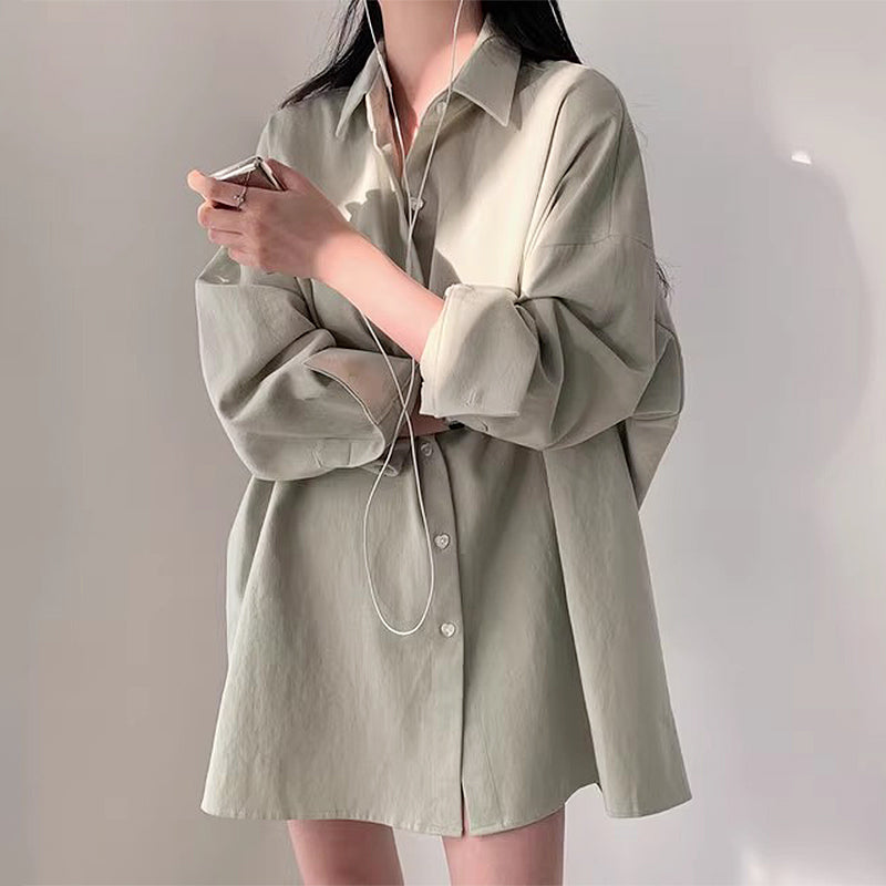 Polo Collar Single Row Button Loose Long Sleeve Long Shirt