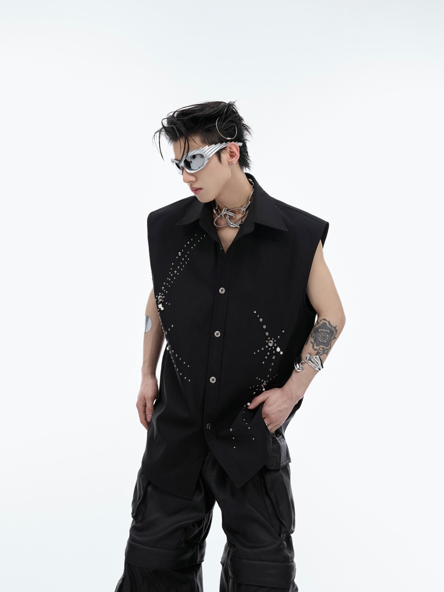 Rhinestone Design Waistcoat Vest Casual Sleeveless Jacket Shirt
