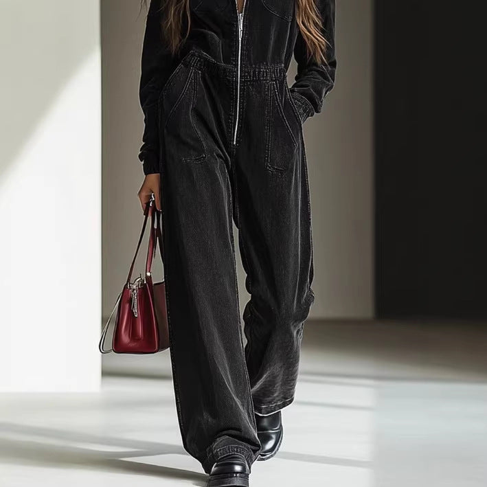 Casual, Relaxed-fit Retro Denim Jumpsuit With An Elastic Waistband Zipper And Hood