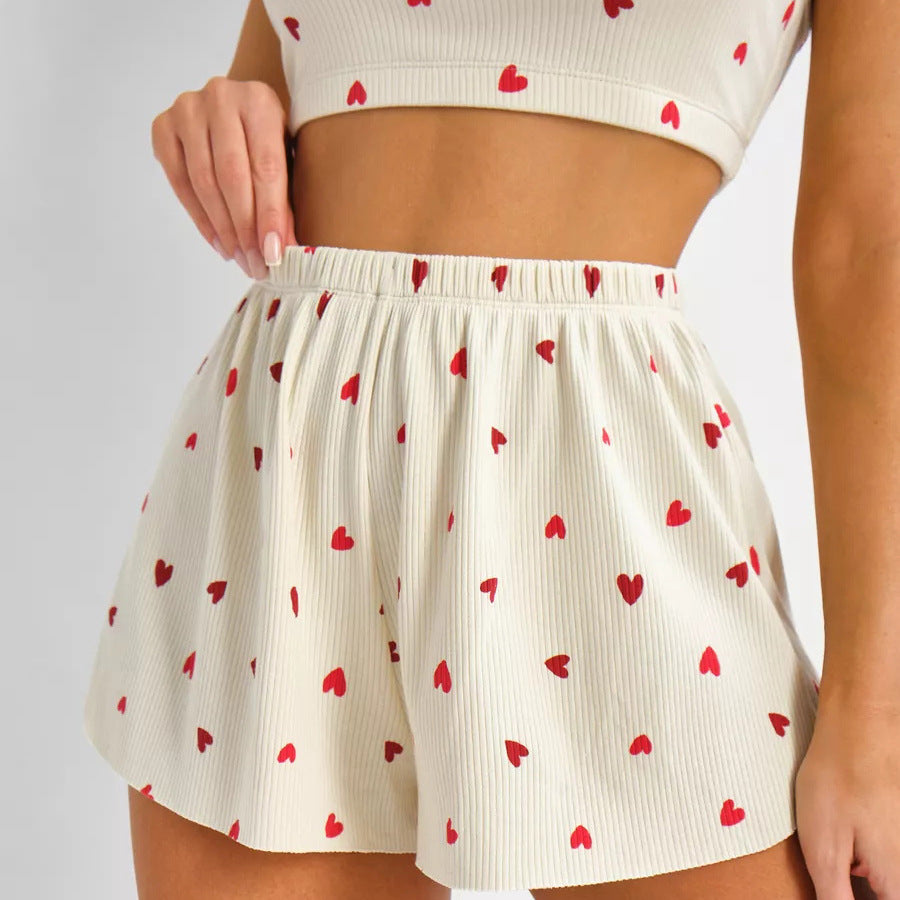 Printed Camisole And Ribbed Pajama Set For Women