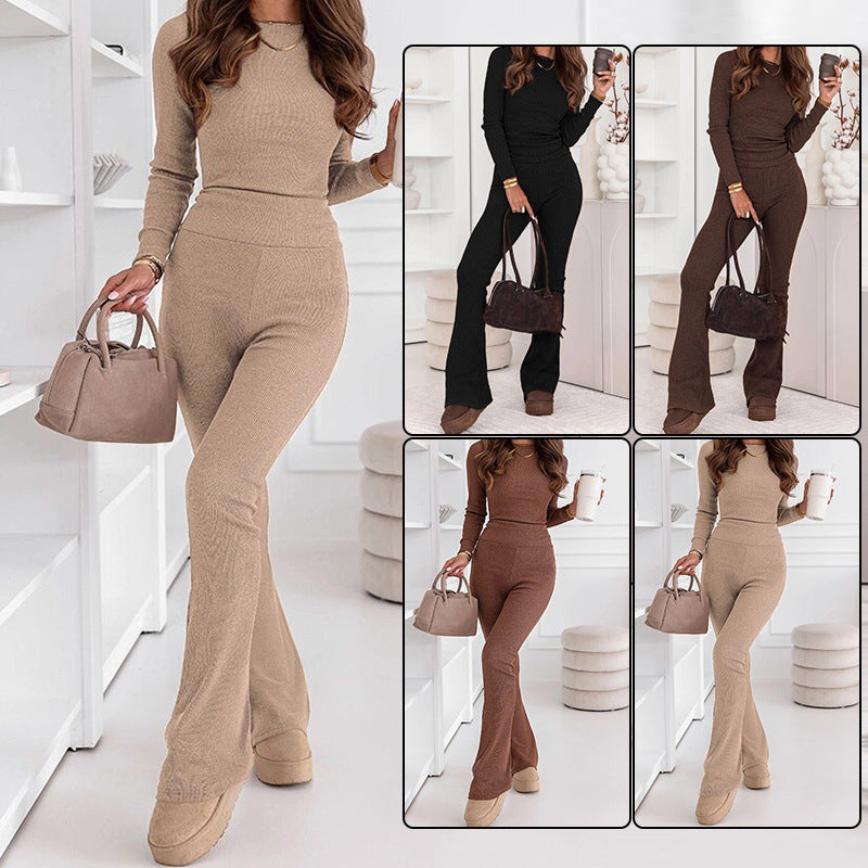 Knitted Set Slim-Fit Crew-Neck Knit Pullover Flared Tapered Pants For Work Commutes