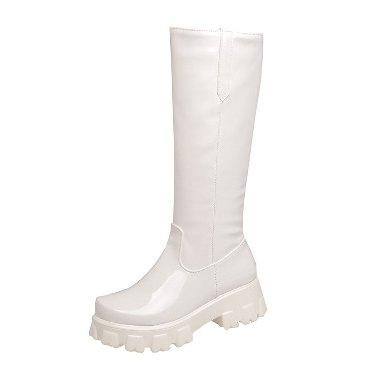 Women Knee High Boots Wedges High Heels Platform Lace Up Plush Inside Warm Fur