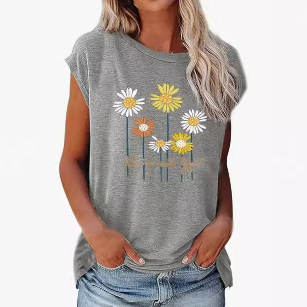 Kvinders 3D Digital Print Bomuldslignende Blomst Multi-element Kortærmet