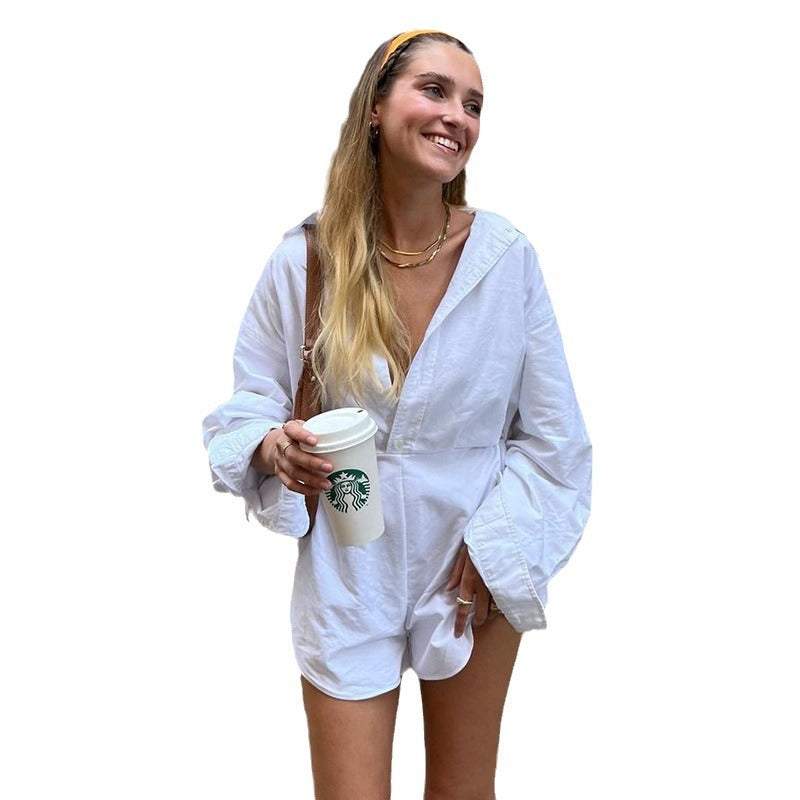 Womens Solid-Color Loose Shirt-Style Button-Front Waist-Cinching Long-Sleeve Jumpsuit
