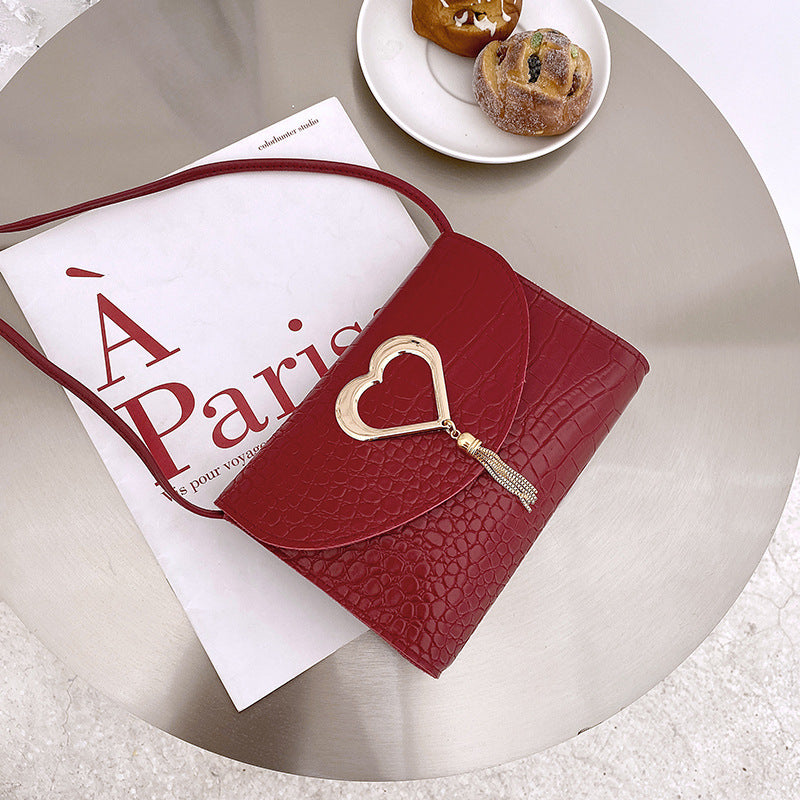 Heart-shaped Fringed Pattern Small Square Bag, One-shoulder Diagonal Candy Color Female Bag