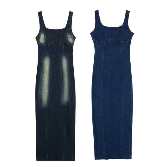 Women's French Style Slim Fit Backless Back Slit Sling Denim Long Dress