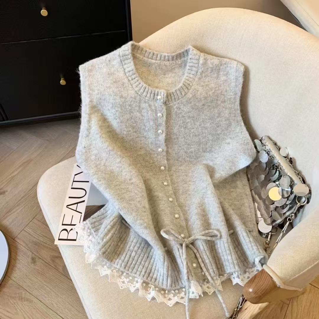 Lace Edge Stitching Soft Glutinous Lace-up Waist-tight Short Temperament Vest