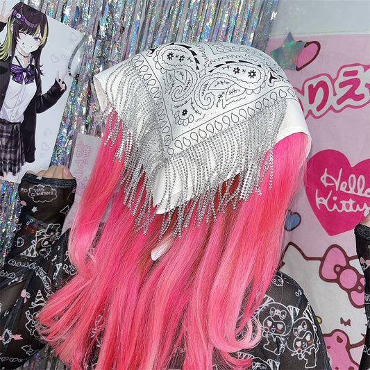 Rhinestone Chain Cashew Flower Hip Hop Square Scarf