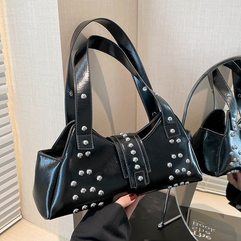 Personality Street Punk Oil Wax Leather Armpit Rivet Bag