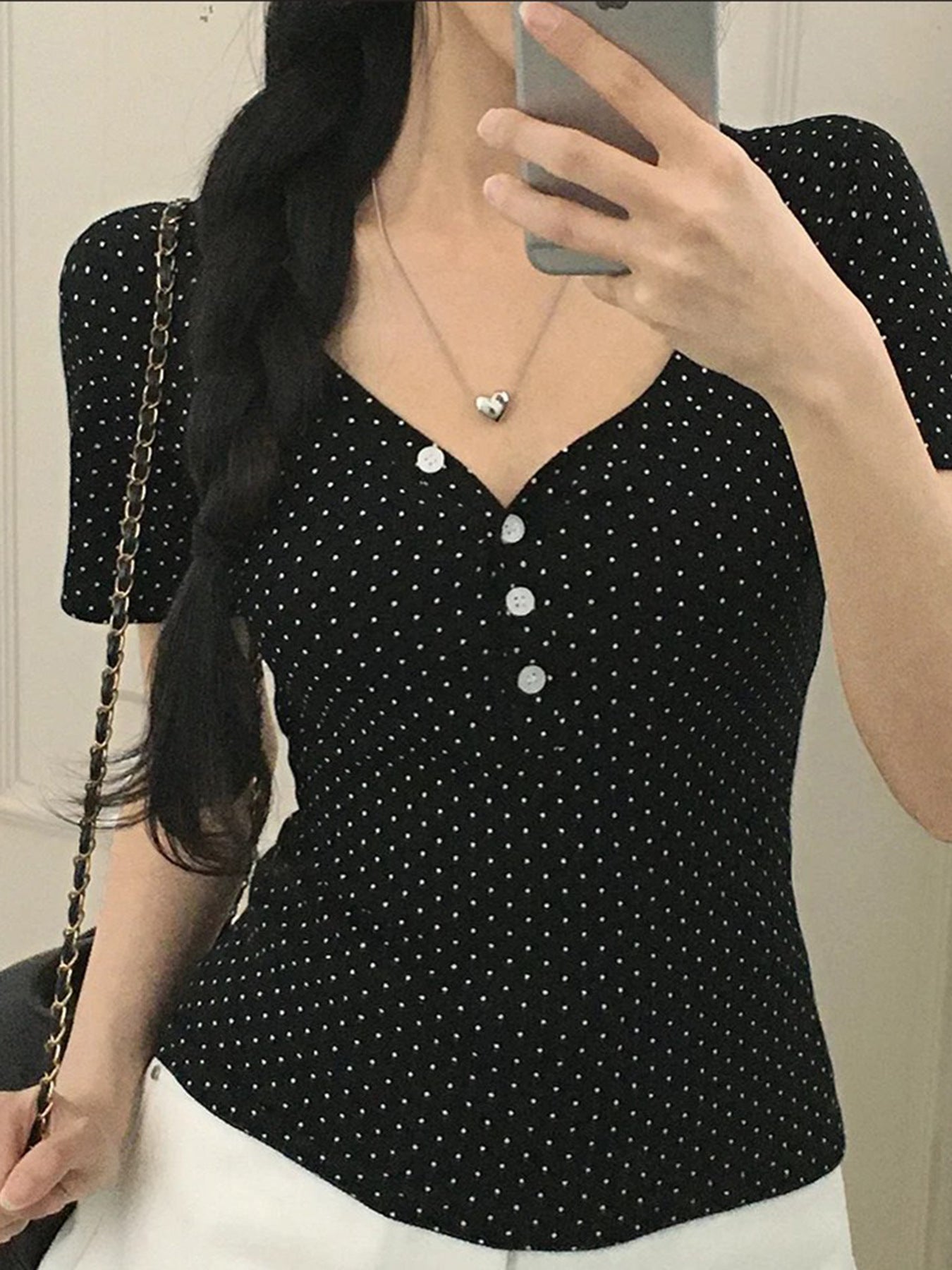 Polka Dot V-collar Contrast Color All-match Short Sleeve