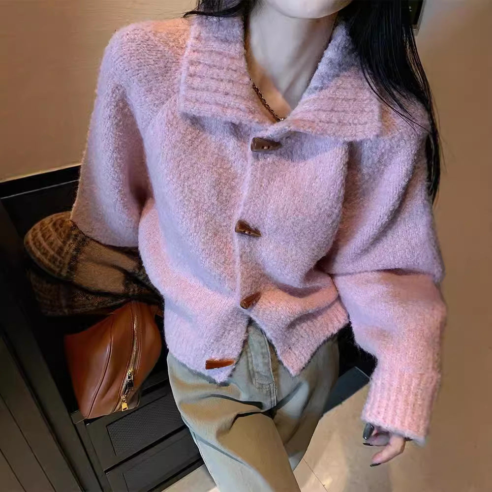 Retro Horn Button Solid Color Sweater Coat For Women