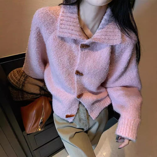 Retro Horn Button Solid Color Sweater Coat For Women
