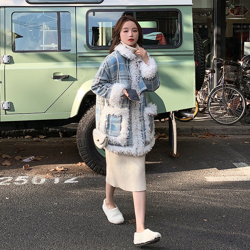 Temperament Commuter Big Pocket Lamb Hair Loose Short Coat