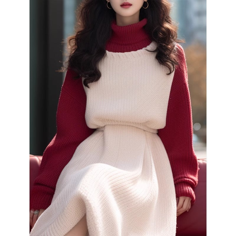 Temperament New Year Red Patchwork Dress Women Autumn Winter