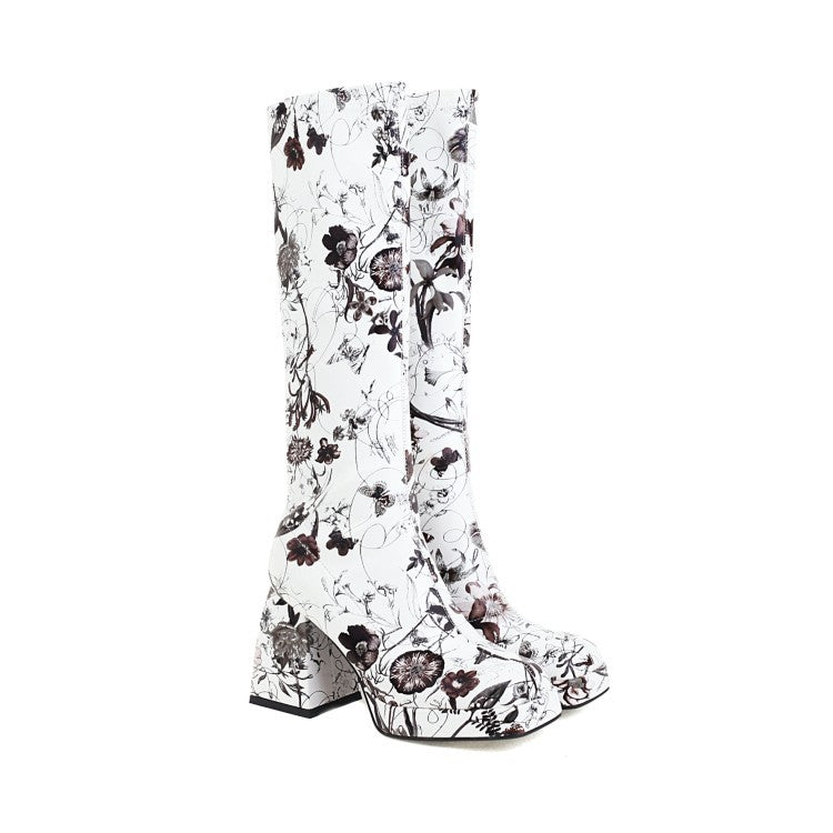 Fashion High Heel Print Square Toe  Knight Boots Women