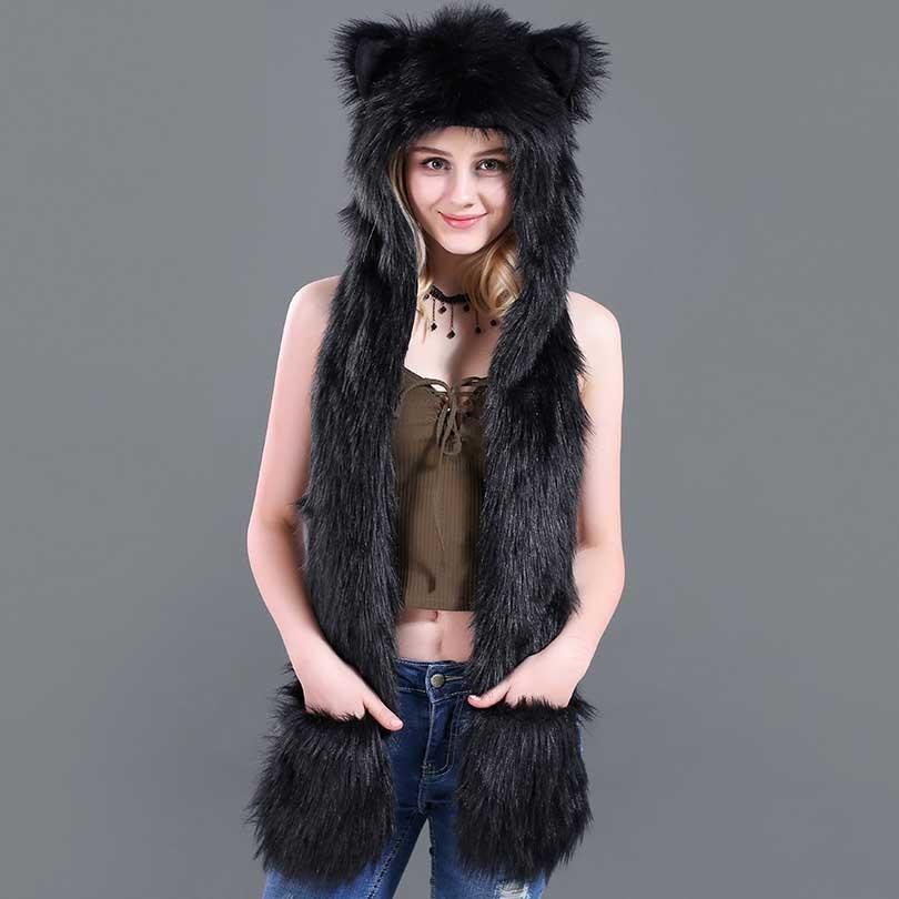 Faux Fur Strå Tegneserie Dyrehat Tørklæde Handsker Én