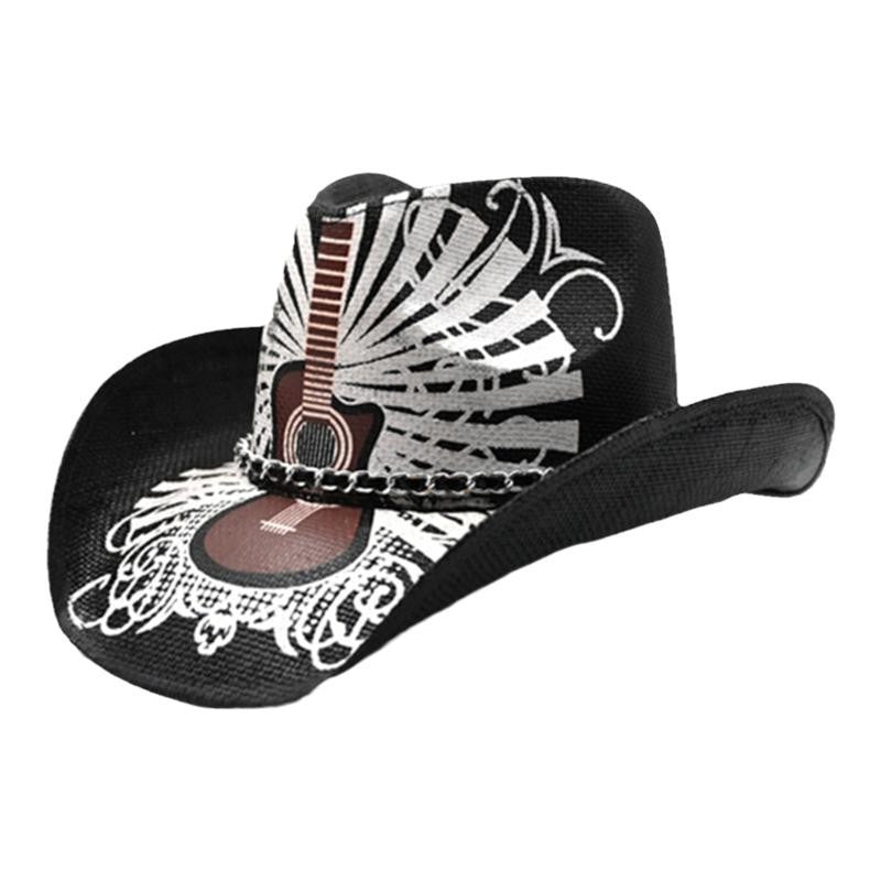 Retro Punk Guitar Skull Beauty Straw Cowboy Hat Sun Protection Sunshade